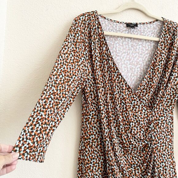 Talbots Faux Wrap Dotted Blue Brown Orange Blouse Long Sleeve Petite Large Top - Picture 2 of 9
